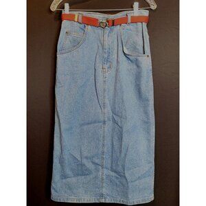 Vintage Denim Skirt Long Below Knee Red Belt Trend Basics Small Cotton